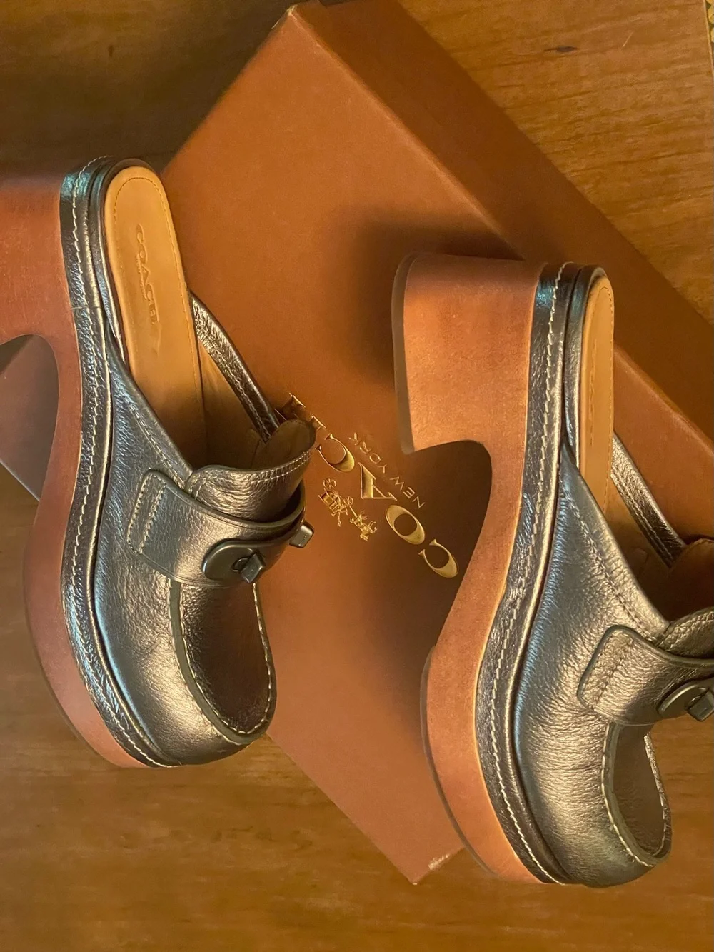 Coach 2016 collection Adrienne Metallic Tambled Gunmetal Leather Platform Clogs
